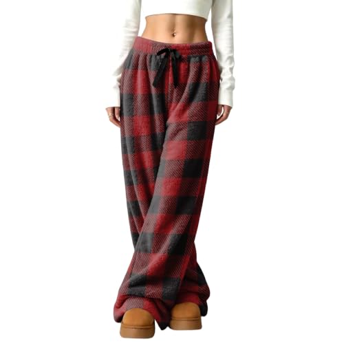 Women Pajama Pants Wide Leg Fluffy Buffalo Plaid Flannel Fuzzy Pants - image 4