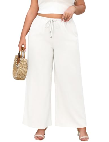 Jyanl White Plus Size Linen Pants for Women Palazzo Flowy Wide Leg Drawstring Pants Boho Casual Trousers Summer Beach Vacation Outfits