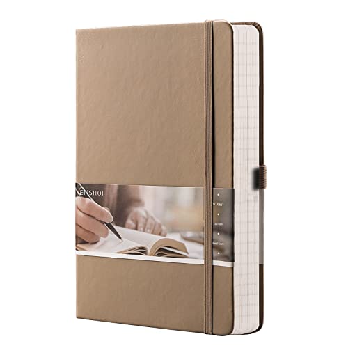 EMSHOI Lined Journaling Notebook - 120gsm Leather Journal with Sticky Notes & 256 Numbered Pages, A5 Hardcover College Ruled Notebook for Work, School, Writing, 5.75”x8.38” - Khaki