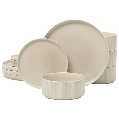 Image of Gibson Elite Solana Coast 12 Piece Stoneware Reactive Glaze (Service for 4) Ceramic Plates and Bowls Modern Shape Embossed Dinnerware Set - Cream White