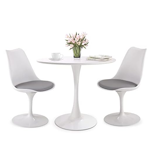 JAXPETY Dining Table Set 3 Piece Dining Room Table Set Tulip Table and Swivel Tulip Side Chairs Set, White and Grey