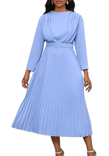 Famnbro Womens Work Dress Long Sleeve A line Church Formal Elegant Office Business Dresses with Belt