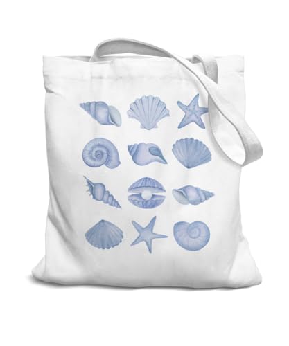 SZERE Beach shells Blue Summer Preppy Canvas Tote Bag for Women Teen Girls, Reusable Grocery Bags, Cute Shopping Work Travel Gift Shoulder Tote Bag, Dorm Room Essentials for Girls