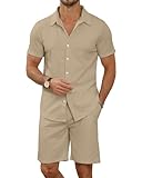 MLANM Men's 2 Piece Short Sets Tracksuits Casual Button Down Shirt and Shorts Set Knit Polo Set Vintage Summer Beach Outfits Loose Tracksuits,XL Apricot