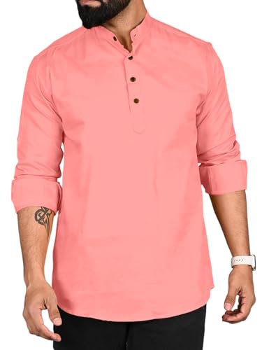Image of ROYALSCOUT Men Cotton Blend Short Kurta with Mandarin Collar and Button Placket | Full Sleeve Regular Fit Ethnic Wear for Casual and Festive Use