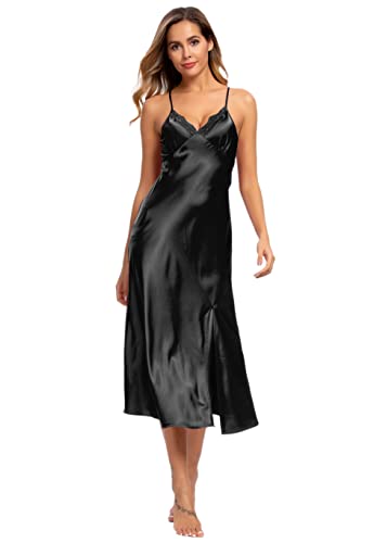 Alcea Rosea Women Silk Satin Nightgown Sexy Lace Chemise Lingerie Long Sleepdress For Ladies Sleepwear Slip Negligee (Black,L) #TOP4