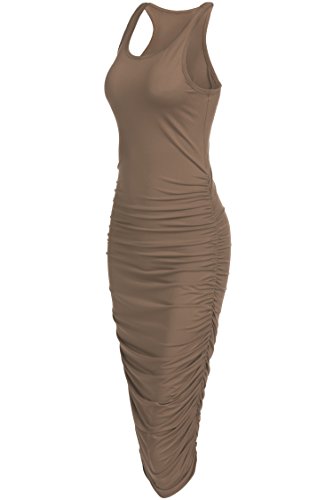 OURS Women's Sexy Summer Sleeveless Ruched Sundress Fold Bodycon Midi Tank Dress (S, Coffee)