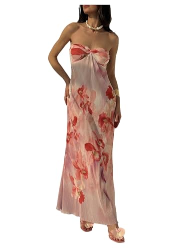 Image of SOLY HUX Women's Summer Floral Tube Dress Twist Front Strapless Vacation Beach Dresses Maxi Dress