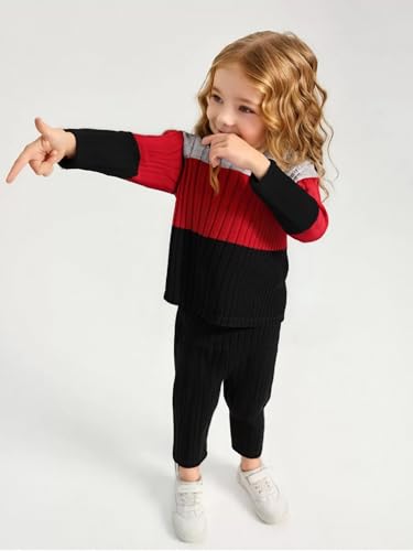 Image of Toddler Kid Girls Clothes Ribbed Color Block Long Sleeve Hoodie Sweatsuit Set Fall Outfits