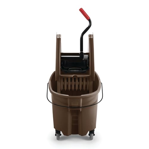 Image of Rubbermaid Commercial Products WaveBrake 35 QT Down-Press Mop Bucket and Wringer Combo on Wheels, Brown, for Heavy-Duty Floor Cleaning