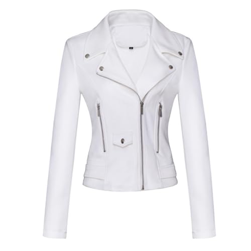 ANUFER Mujeres Piel Sintética de Gamuza Chaqueta Motera Fresco Cremallera Cruzada Abrigo Corto SD5A1212 Blanco S