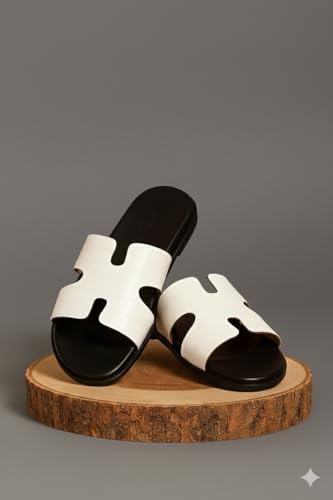 Image of Men Genuine Leather Slippers | Handcrafted Luxury Slides with Cushioned Sole & Anti-Slip Grip | Stylish Indoor Outdoor Footwear(BK)-(Series)-108
