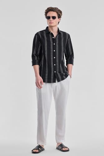 Image of SNITCH Men Casual Shirt for Smart & Everyday Wear | Regular Fit Full Sleeve Point Collar Striped Pattern | Breathable Cotton Blend Fabric for All Day Comfort | Black