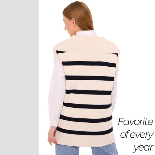 Image of Women's Knitted Sweater | Sleeveless Striped Pattern Long Knit Sweaters | Seasonal Women's Tops Modest Clothing (US, Alpha, Small, Regular, Regular, Navy Blue-Beige)