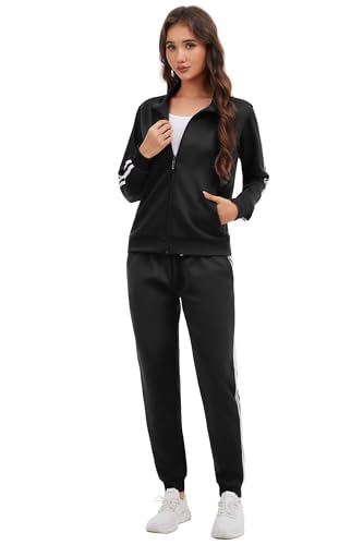 MSKBJT Jogginganzug Damen Trainingsanzug Zweiteiler Sportanzug mit Reißverschluss – Bequemer Freizeitanzug für Fitness W001-Black-M