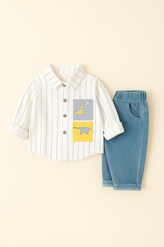 Image of Bold N Elegant Boys Cotton Muslin Shirt with Jeans Casual Outfit for Kids | Soft Stripe Shirt with Denim Pant Party Dress for Boys