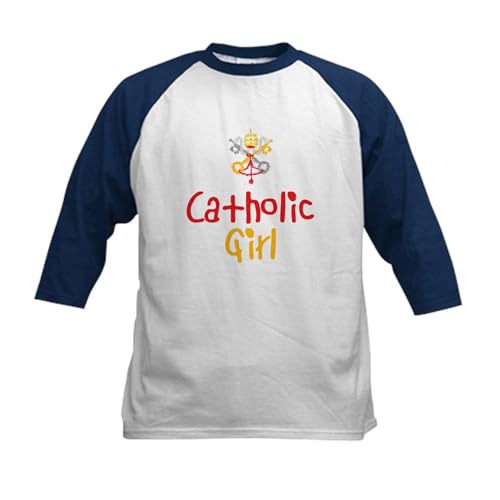 CafePress Catholic Girl Kids Baseball Jersey Kids Cotton Baseball Jersey, 3/4 Raglan Sleeve Shirt Navy/White
