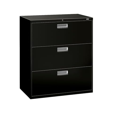HON 3 Drawer File Cabinet with Lock - 600 Series Lateral Metal Filing Cabinet for Home Office - Locking Office Storage Cabinet with Drawers 36"W x 18"D - Adjustable Hangrails for Files - Black Cover