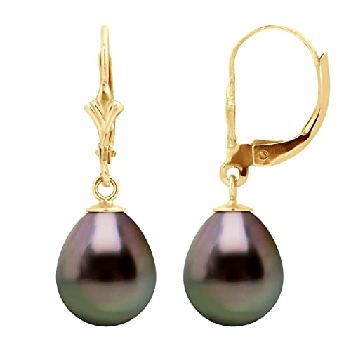 PEARLS & COLORS - Boucles d'Oreilles Pendantes Véritables Perles de Culture de Tahiti Poires 9-10 mm - Qualité A+ - Disponible en Or Jaune & Or Blanc - Bijou...