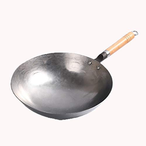 WBDWWTD Wok Cinesi in Ferro martellato a Mano, pentole antiaderenti in Acciaio al Carbonio Non Rivestito, pentole Tradizionali a Fondo Tondo con Manico in Legno, Senza Rivestimento, Meno Olio, 32 cm