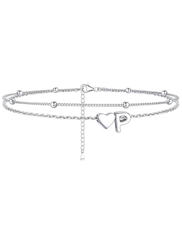 Image of ChicSilver Sterling Silver Anklets for Women Hypoallergenic Womens Ankle Bracelets for Women Layered Heart Anklet With Initials Womens Anklets Jewelry for Mom Wife