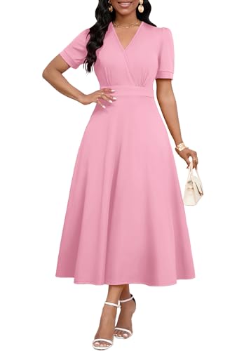 Image of MarryUP Women's Midi Dresses - V Neck Cocktail & Church Tea Dresses - Short Sleeve A-Line Swing Dress