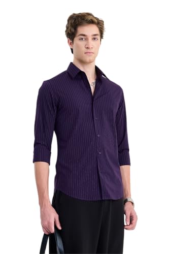Image of SNITCH Luxe Men Formal Shirt | Slim Fit Full Sleeve Spread Collar Pinstripe Design | Breathable Viscose Blend & Stretch Fabric for Office Wear & Business Meetings
