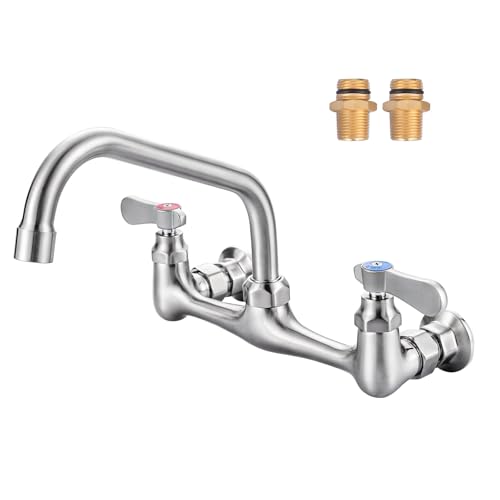 Commercial Sink Faucet with 6” Gooseneck Swivel Spout, 8" Center Wall Mount Kitchen Faucet, Dual Handles Brass Utility Sink Faucet for Laundry Room Restaurant Compartment Sink, Polish Chrome