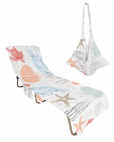 Coastal Orange Beach Chair Cover with Side Pockets, Microfiber & Quick Dry Pool Chaise Lounge Chair Towels Covers for Sun Sunbathing Patio Garden Hotel, Red Blue Nautical Turtle Jellyfish Conch Anchor