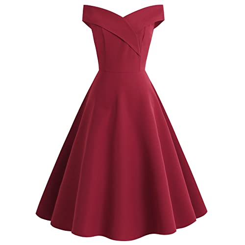 Vrouwen Cocktail Party Dress Vintage Off Shoulder Effen Kleur Kerst Jurk - Image 4