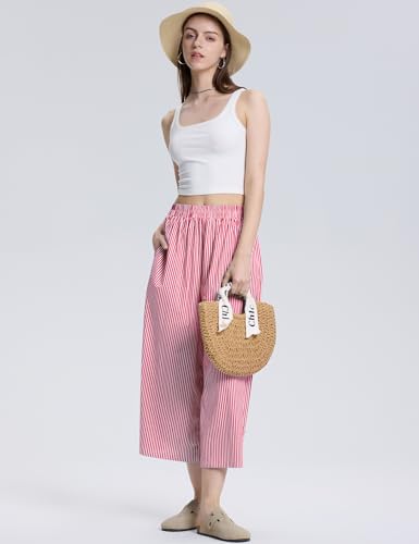 Image of LOMON Womens Wide Leg Capri Pants Gingham Plaid Culottes Summer Elastic Waist Palazzo Trousers Bottoms with Pockets