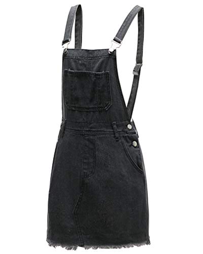 GUOCU Damen Retro Distressed Jeansrock Denimrock Verstellbarer Riemen Kurze Latzkleid Casual Overall Latzrock Grau M