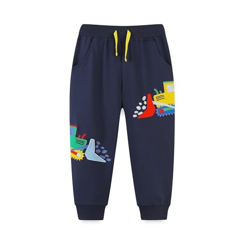 Irsutey Toddler Boys' Excavator Embroidered Sports Pants with Cotton Drawstring and Elastic Jogging Belt Pocket Pants 1-7Y