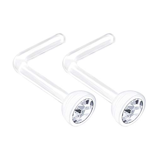 2PCS Bioflex L Shaped Nose Ring 20g 0.8mm 5mm Flesh Nostril Screw 2.5mm Crystal Stud Piercing Jewelry - See More Colors (2pcs 5mm Clear)