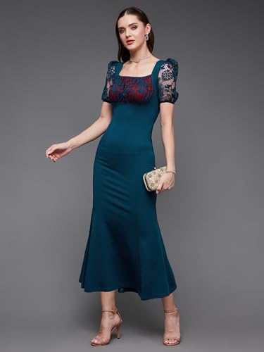 Image of Miss Chase Womens Bodycon Square Puff Sleeve Solid Lace Overlaid Ankle Length Dress