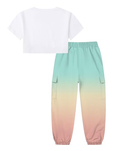 Image of Betusline Girls 2 Piece Set, White Cute Short Sleeve Crop Tops + Green Pink Gradient Cargo Jogger Pants Clothes, 4-5T = Tag 120