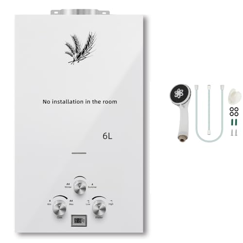 6LPM Chauffe-Eau à Gaz Instantané 12KW LPG GPL au Butane Propane avec Modes Hiver et Eté,Protection Contre La Surchauffe,Affichage de la Température,Blanc,pour La Maison,ExtéRieur,Camping Car