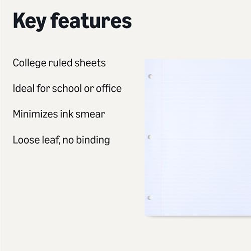 Amazon Basics College Ruled Loose Leaf Binder Paper for School or Office, 11" x 8.5", 100 Sheets, White, 6-Pack - image 2
