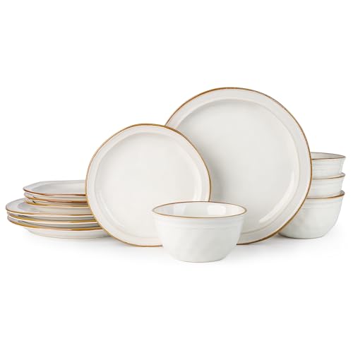 GBHOME Juego de vajilla de cerámica, juego de platos y cuencos de esmalte reactivo hecho a mano, resistente a astillas y grietas, apto para lavavajillas y microondas, juego de platos para 4 (12 piezas GBHOME Juego de vajilla de cerámica, juego de platos y cuencos de esmalte reactivo hecho a mano, resistente a astillas y grietas, apto para lavavajillas y microondas, juego de platos para 4 (12 piezas