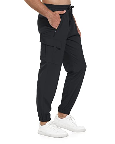 VAYAGER Men's Lightweight Joggers Quick Dry Hiking Cargo Pants Stretch Running Athletic Golf Pants with Zipper Pockets(Black-XL)
