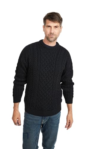 Men's Aran Sweater 100% Merino Wool Pullover Fisherman's Jumper Crew Neck