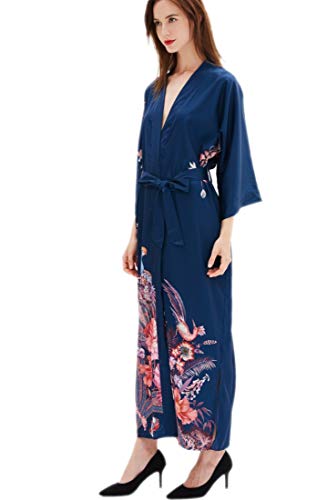 prettystern Extra Lungo Abito da Donna Seta Fantasia Kimono Vestaglia Robe Avvolgere Il Vestito Fiori Bird Garden Blu Scuro L06