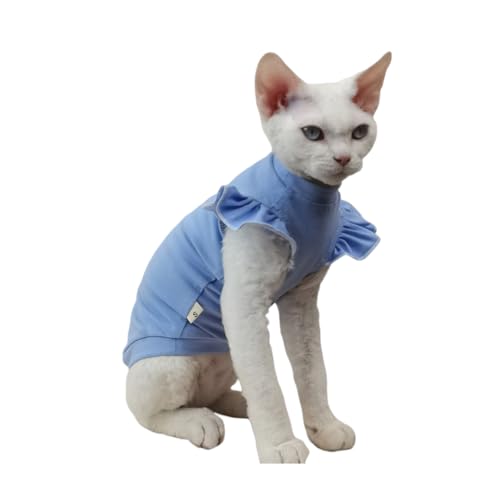 UGYMSIA ペット服 猫服 無毛猫服 春 夏 薄手のフライングスリーブベスト Tシャツ 純綿素材で肌に優しく アレルギーを起こしにくい スフィンクス 無毛猫のデボンちゃん用キャットウェア (ブルー,2XL)