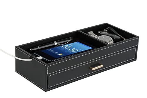 HofferRuffer Schreibtisch Organizer mit Schublade, Leder Mehrzweck Aufbewahrungsbox mit Tablett und Ladestation, Schreibtisch Organisator für Büro, Kommode, Wohnzimmer (Schwarz) Cover
