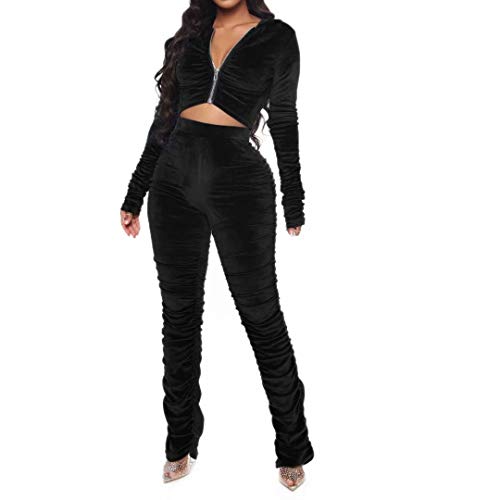 Sweatsuits Set Womens 2 Piece Sweatshirt & Sweatpants Velour Full Zip Hoodie Tracksuits Sportswear with Pocket Black L