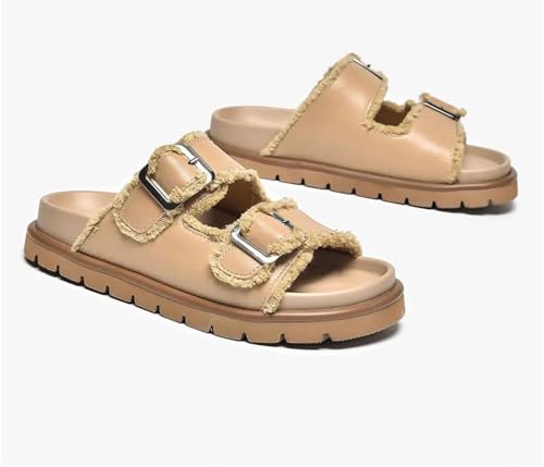 Women's Cow Leather Buckle Decoration Slippers - Double Strap Summer Beach Flats2