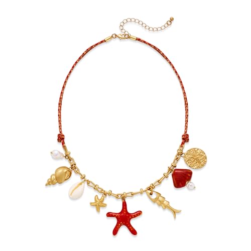 Shell Starfish Charm Necklace For Women Resin Turquoise Strand Red Cord With Multi Seashell Charms Ocean Statement Necklace Summer Beach Jewelry