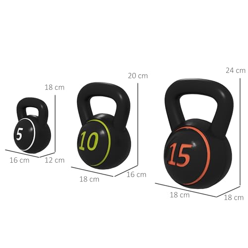 HOMCOM Kettlebell, 2,2kg, 4,5kg, 6,8kg Kugelhantel, 3er Set Kugelgewicht für Gymnastik, Krafttraining, Schwarz – Bild 6
