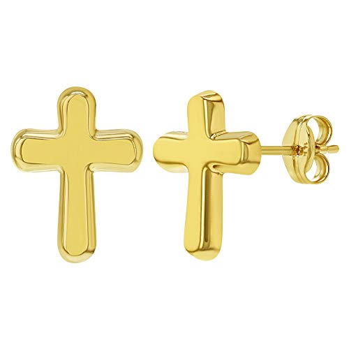 14K Yellow Gold Religious Plain Cross Stud Earrings For Young Girls Or Teens - Beautifully Polished Cross Earrings Gift For Baptisms Or Christmas - Christian Jewelry For Sensitive Ears #TOP9