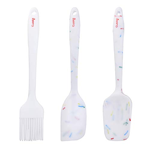 Image of Clazkit Premium Silicone Non-Stick Spatula and Brush with Scraper for Cooking, Baking and Mixing with Stainless Steel Core, 3-Pieces, White color with stripes, Length 21cm